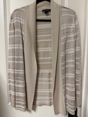 White House Black Market Beige, Cream and Gray Striped Open Cardigan